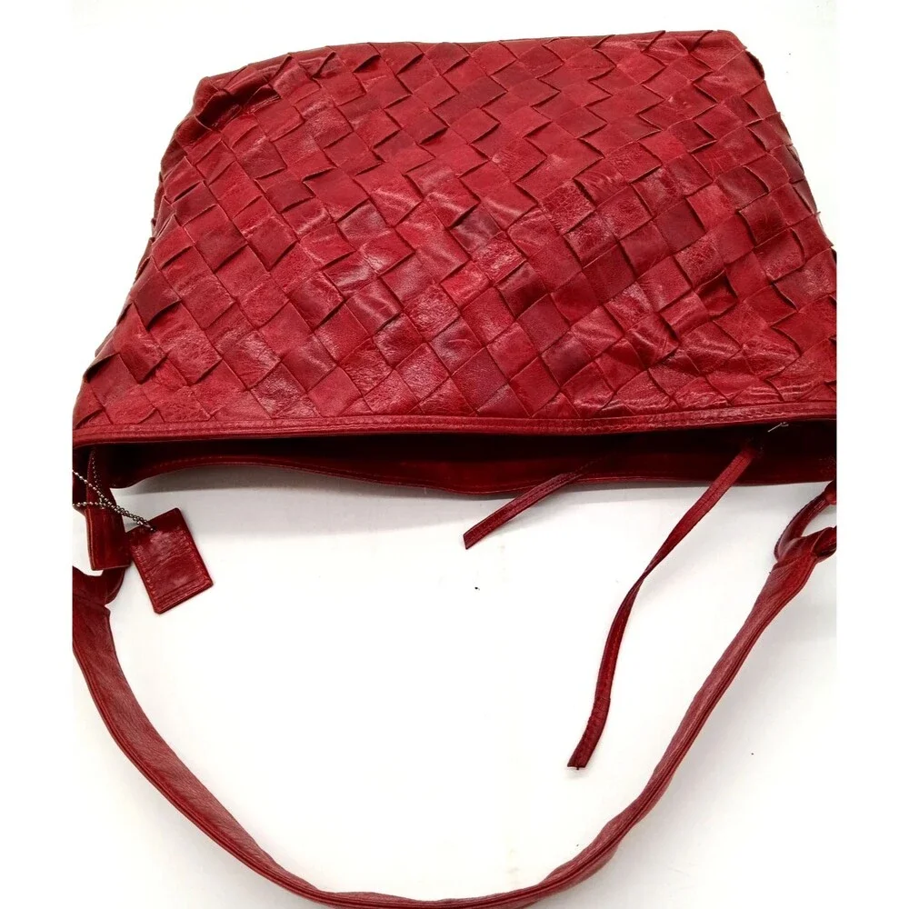 Latico Red Woven Leather Basketweave Pattern Large Handbag